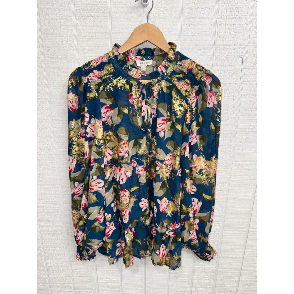 Umgee Floral Blouse Womens Large Teal Blue Gold Foil Smocked Tiered NWT R0696